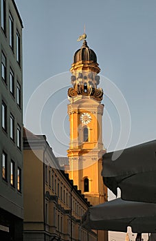 Church steeple at sunset in Munich, Germany