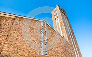 Church steeple under blue sky