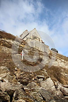 Church at Stevn Klint edge of Cliff with Lifesaver