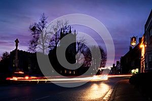 Church and street scene at night