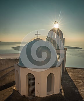 Church at sunset over Caldera, Santorini, Greece