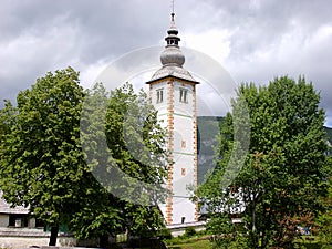 Church of Sv. John the Baptist and a bridge by the Bohinj lake