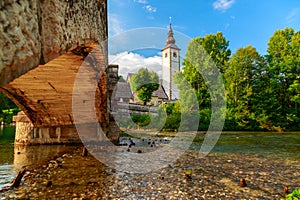 Church of Sv. John the Baptist and a bridge by the Bohinj lake