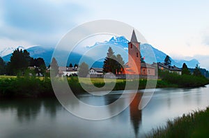 Church of the Swiss village of Sils Maria in the Engadine valley