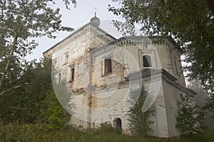 Church of Theotokos of Tikhvin in the Trinity-Gleden the Monastery of misty on a summer morning