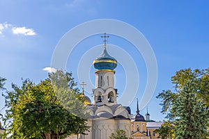 Church to Descent of Holy spirit on apostles or Spiritual temple of Holy-Trinity St. Sergius Lavra against blue sky. Sergiyev