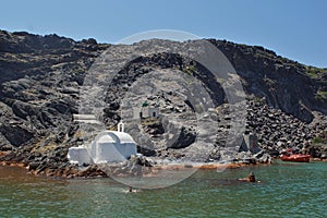 Church to hot volcanic springs, Santorini, Thira Island, Cyclades Islands