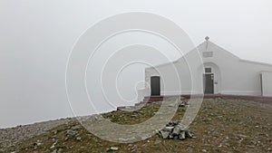 The church on top of Croagh Patrick in the mist.