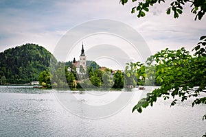 Church with the towen on the island at lake Bled, Slovenia