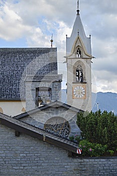 Church tower in Austrian mountain village Serfaus, in Tirol