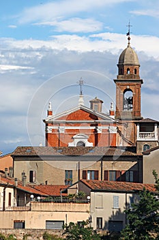 Church tower and buildings cityscape Rimini