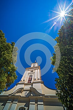 Church tower and City Hall in Swiebodzice