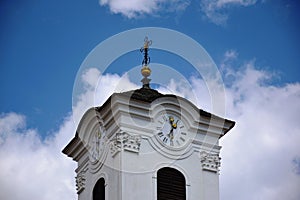 Church tower closep with black metal roof. relegious architecture