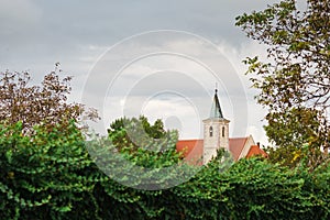 Church tower with copper roof - Typical European christian church