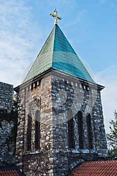 Church tower inside Kalemegdan fortress walls at morning in Belgrade