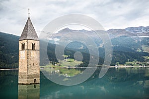 Church tower of Lago di Resia in Curon Venosta