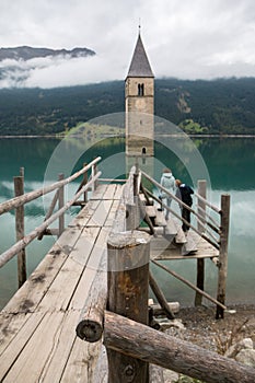 Church tower of Lago di Resia in Curon Venosta