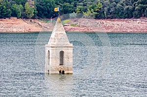 Church tower in Sau Reservoir, Catalonia, Spain