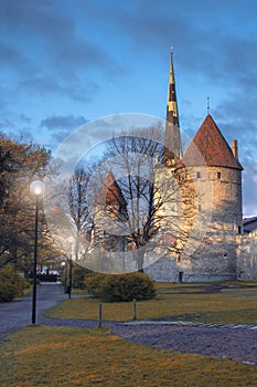 Church and Tower of St. Olaf and the tower of the old castle in the city of Tallinn in Estonia