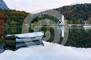 Church tower and stone bridge at Lake Bohinj