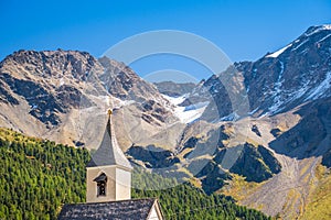 The church tower of Sulden Vinschgau Valley, South Tyrol, Italy