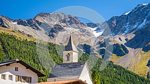 The church tower of Sulden Vinschgau Valley, South Tyrol, Italy