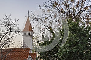 Church Tower Surrounded by Trees Against Sky