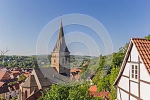 Church tower and surrounding landscape in Warburg