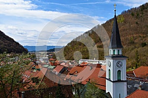 Church tower and the town of Trzic in Gorenjska photo