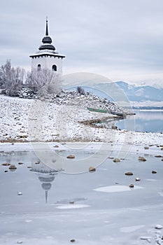 Church Tower of Virgin Mary at the shore of The Liptovska Mara dam, Slovakia