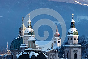 Church towers of the Salzburger Dom in winter, Salzburg, Austria
