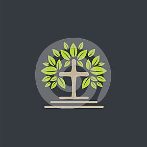 church tree cross icon vector concept design template