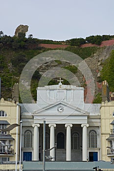 Church under cliffs in Hastings town. England