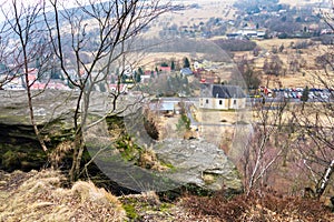 Church under Tisa rocks or Tisa walls in western Bohemian Switzerland, part of the Elbe Sandstone Rocks