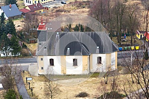 Church under Tisa rocks or Tisa walls in western Bohemian Switzerland, part of the Elbe Sandstone Rocks