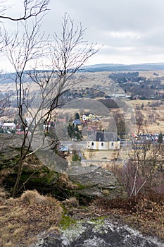 Church under Tisa rocks or Tisa walls in western Bohemian Switzerland, part of the Elbe Sandstone Rocks