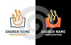Church vector logo. The open bible and Holy Spirit fire flame