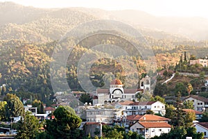 The church and village of Kakopetria in the Solea Valley. Troodos, Nicosia District, Cyprus