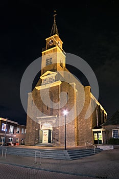 Church in the village of Moerkapelle,Netherlands is illuminated at night