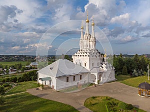 Church of Virgin Hodegetria in sunny day, Vyazma, Smolensk region, Russia. Drone shooting