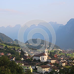 Church of Wangs and Churfirsten Range in early morning