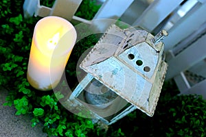 Church wedding decor with candle and lamp