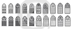 Church windows set. Silhouettes of gothic arches in line and glyph classic style. Old cathedral glass frames. Medieval