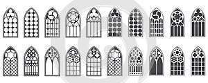 Church windows set. Silhouettes of gothic arches in line and glyph classic style. Old cathedral glass frames. Medieval
