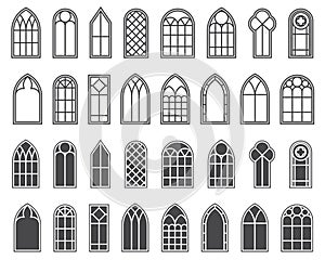 Church windows set. Silhouettes of gothic arches in line and glyph classic style. Old cathedral glass frames. Medieval