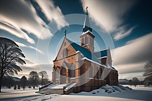 Church in winter with snow and blue sky. Conceptual image. generative ai