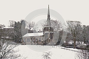 Church in winters snow.
