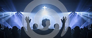 Church worship concept: Christian worship with raised hand at the at the  cross background