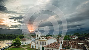 Aerea view Church of & x22;Santa Rita de Cassia & x22; in Paraty, Rio de Janeiro, at twilight photo