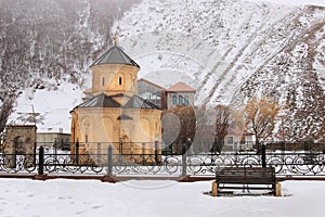The churchand Shioda Gudashauri Spiritual and Cultural Centre in Sno village in winter